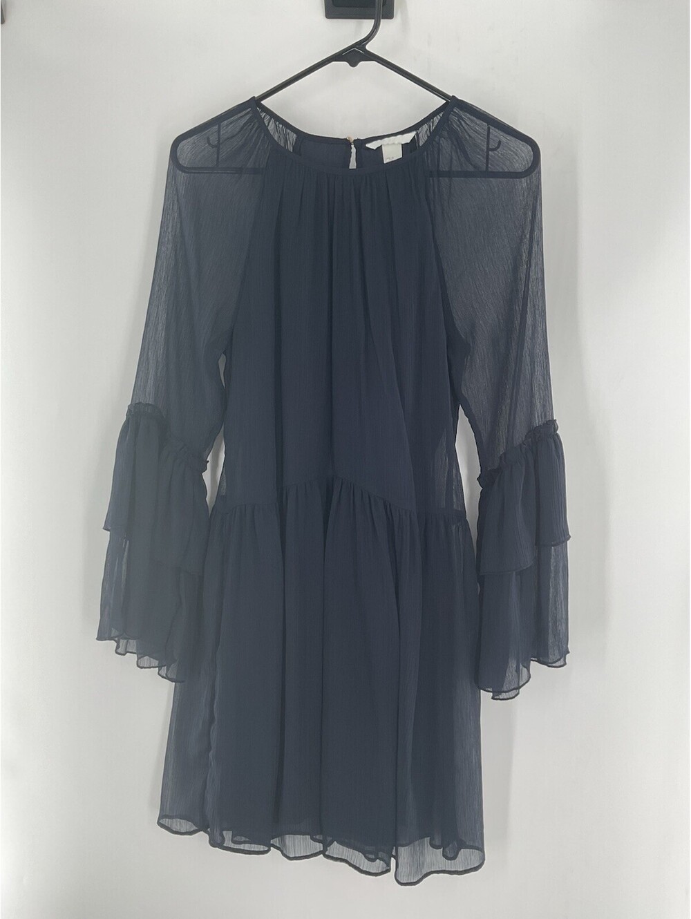 H&M Women’s Size 6 Long Sleeve Lined With Sheer Overlay Navy Blue Dress 138